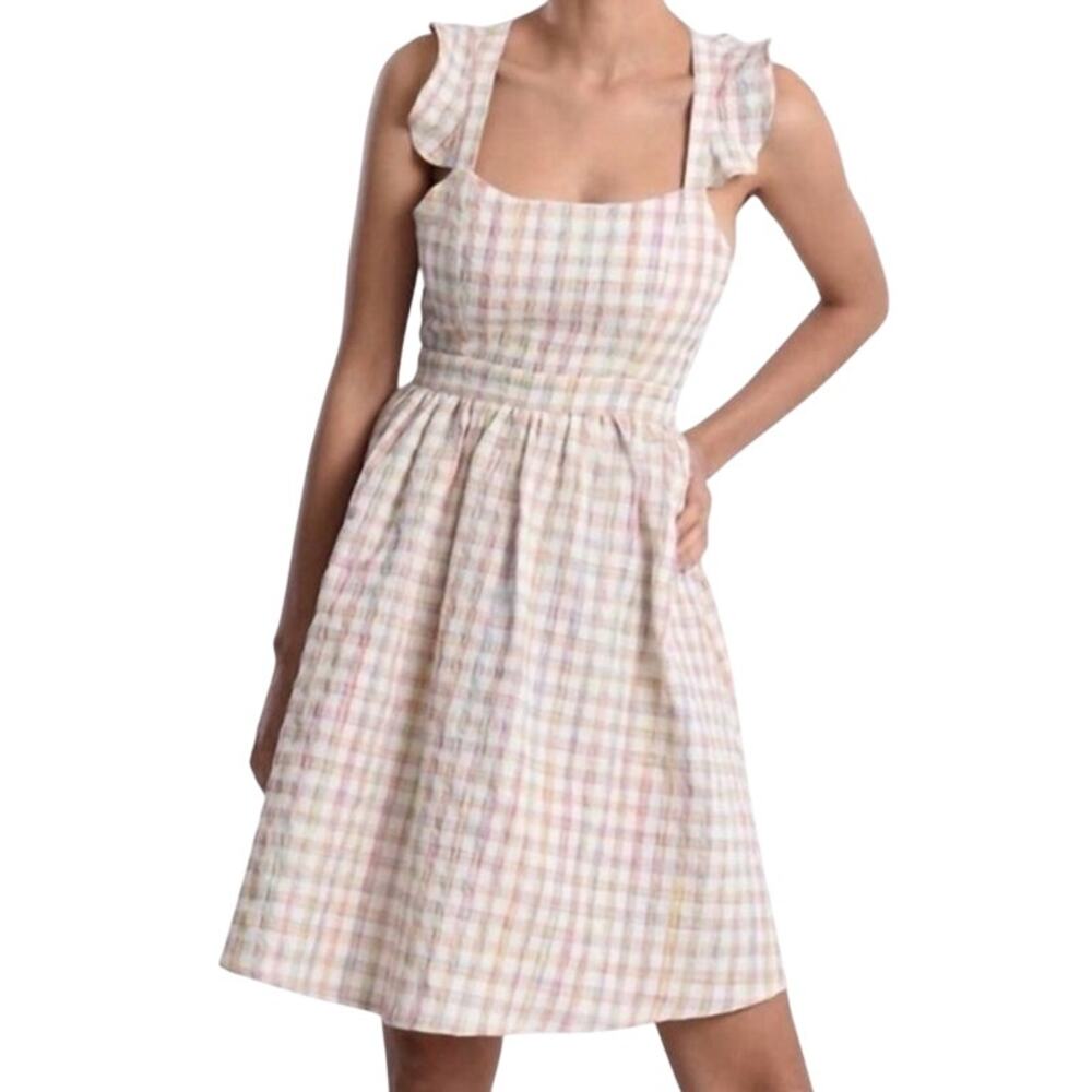 Lili Sidonio Multicolor Check Plaid Ruffle Sleeve Mini Dress Size M